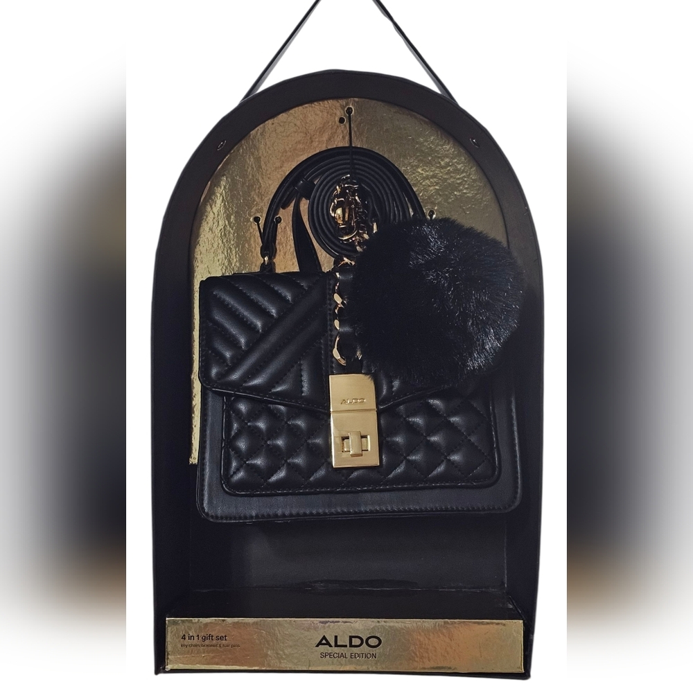 ALDO Jerilini Black Quilted Crossbody Bag with Gold Accents & Puff Charm